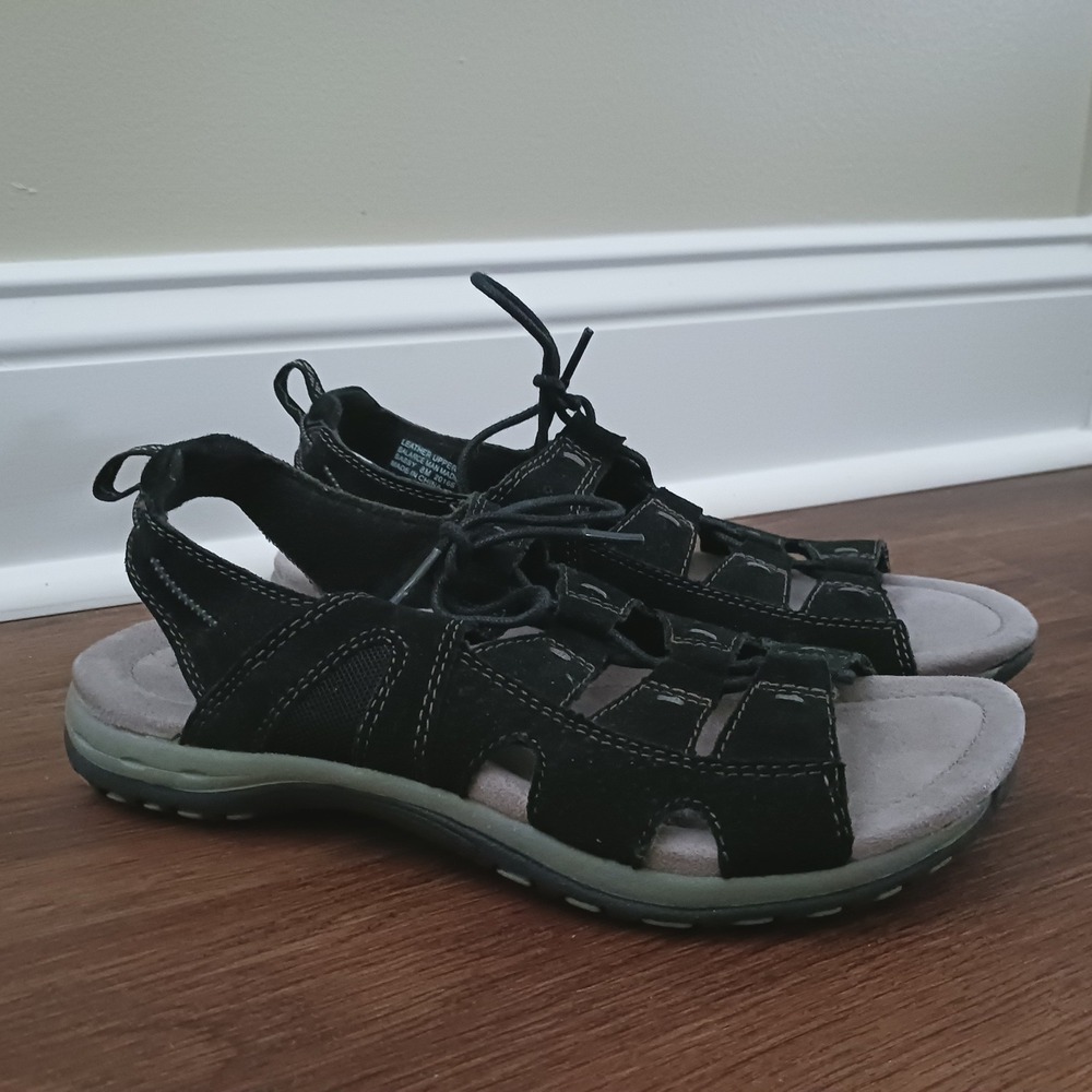Earth Origins Sassy Black Leather Fisherman Sandals Bungee Strappy Womens 8M